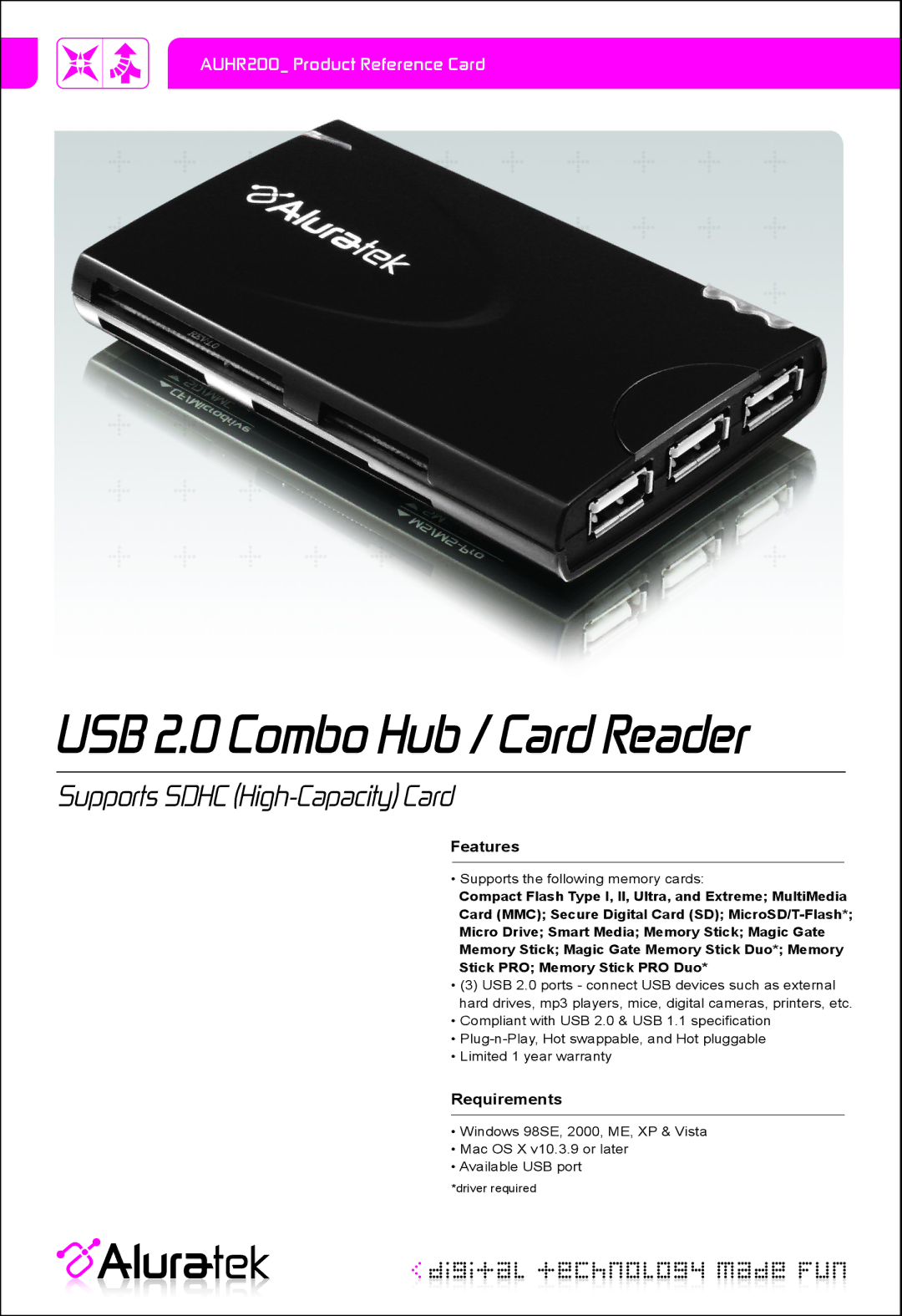 Aluratek AUHR200 warranty USB 2.0 Combo Hub / Card Reader, Supports Sdhc High-Capacity Card, Features, Requirements 