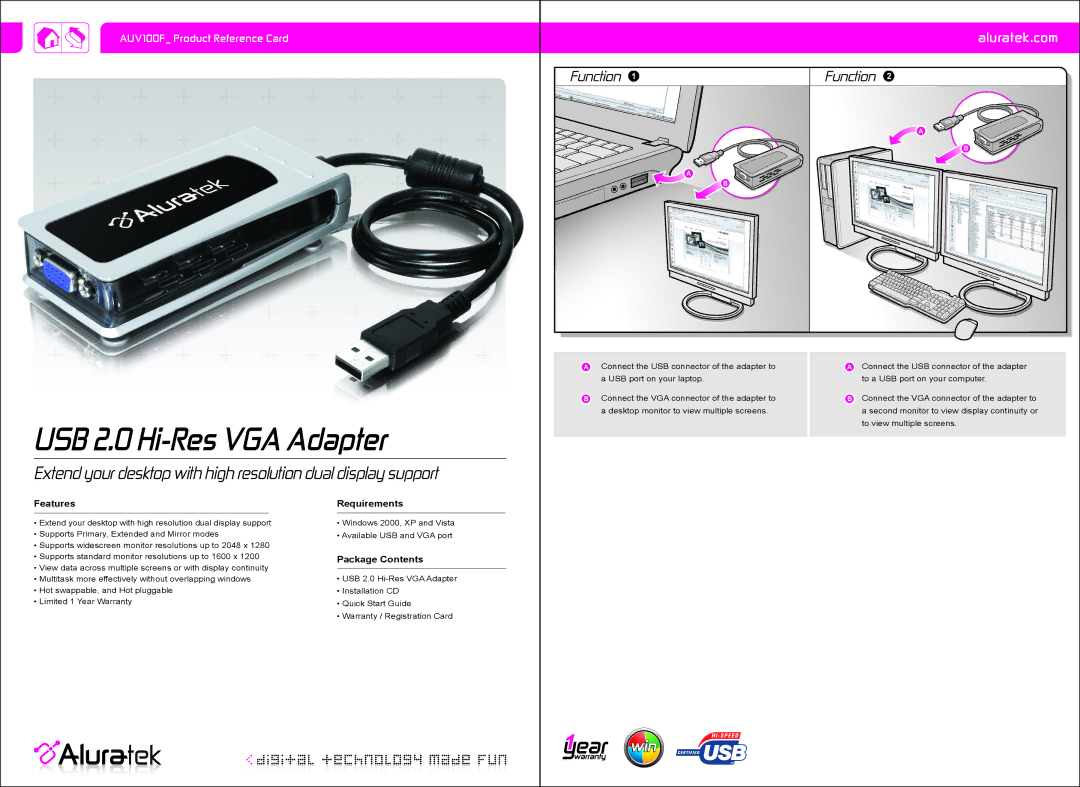 Aluratek AUV100F warranty USB 2.0 Hi-Res VGA Adapter, Features Requirements, Package Contents 