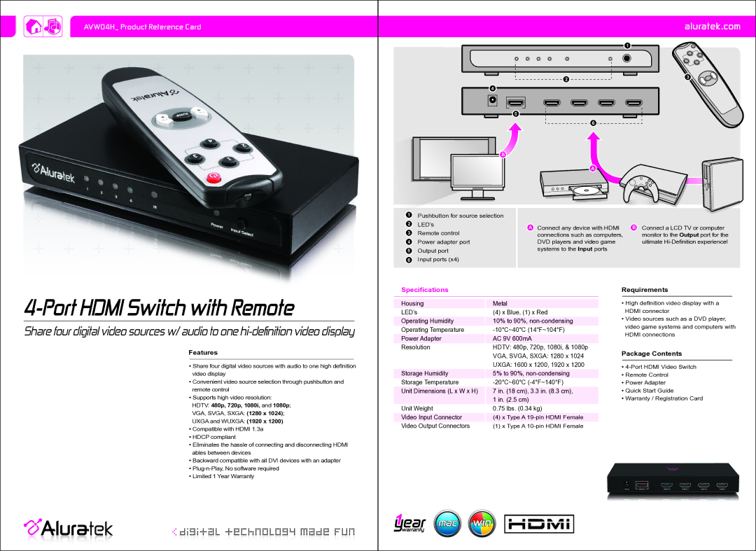 Aluratek AVW04H warranty Port Hdmi Switch with Remote, Aluratek.com, Requirements, Features, Package Contents 