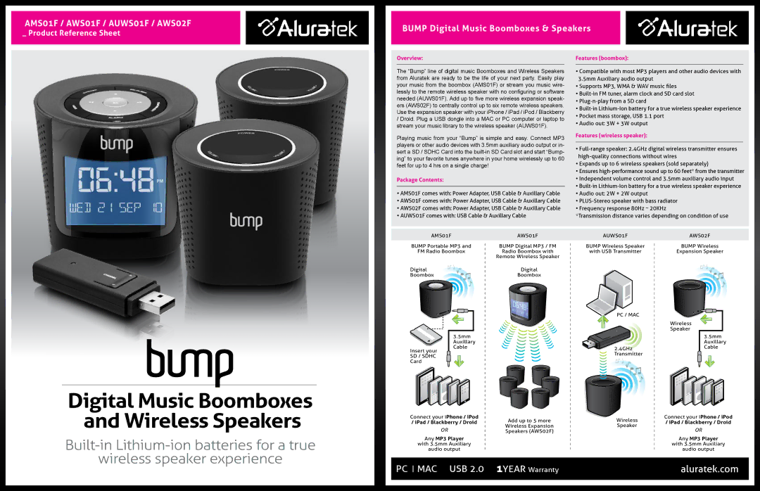 Aluratek warranty Digital Music Boomboxes and Wireless Speakers, AMS01F / AWS01F / AUWS01F / AWS02F 