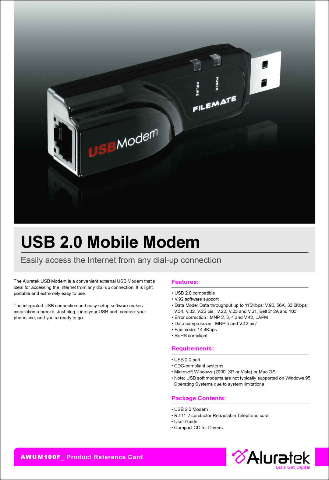 Aluratek AWUM100F manual USB 2.0 Mobile Modem, Easily access the Internet from any dial-up connection, Features 