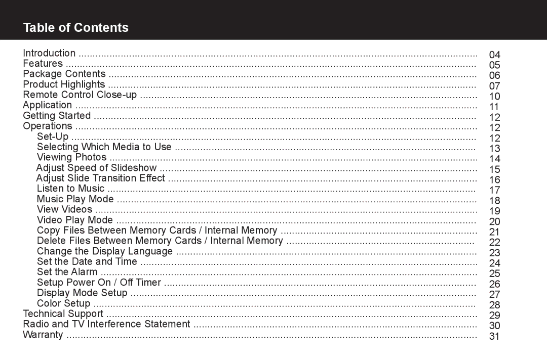 Aluratek M10053, M10063, M10058, M10057, M10039, M10015 manual Table of Contents 