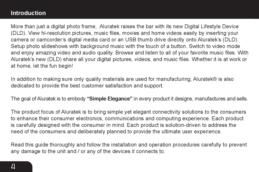 Aluratek M10057, M10063, M10058, M10053, M10039, M10015 manual Introduction 