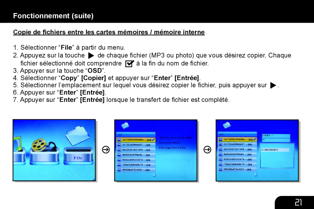 Aluratek M10057, M10063, M10058, M10053, M10039, M10015 manual Copie de ﬁchiers entre les cartes mémoires / mémoire interne 