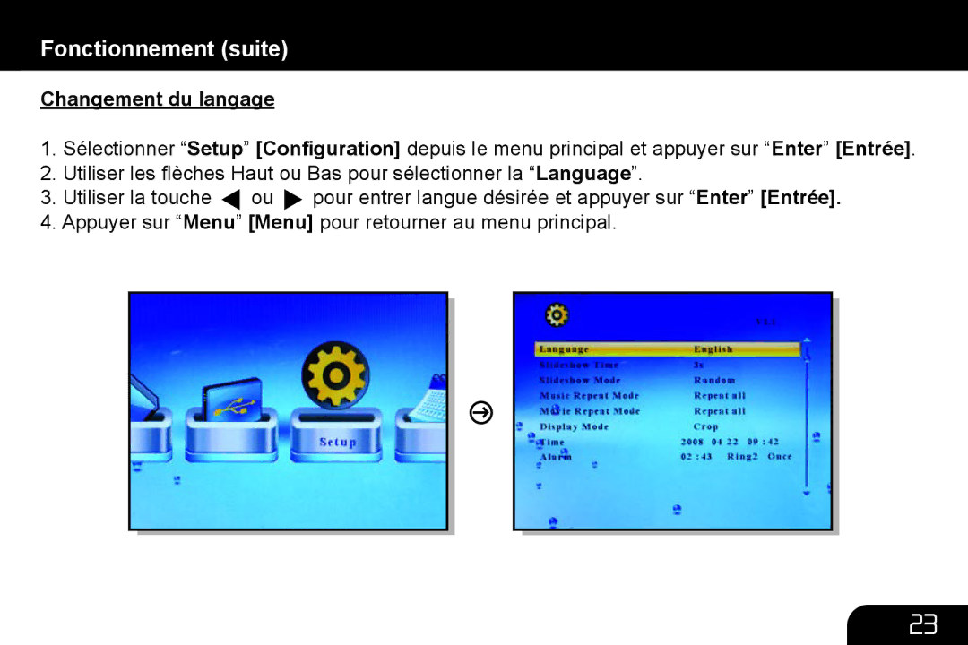 Aluratek M10015, M10063, M10058, M10053, M10057, M10039 manual Changement du langage 