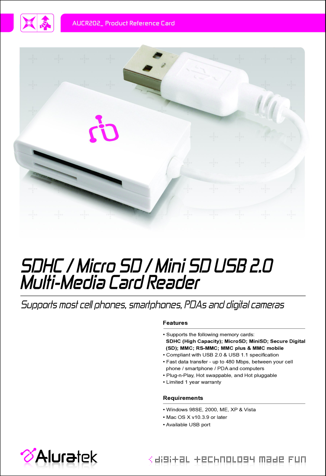 Aluratek SDHC warranty Sdhc / Micro SD / Mini SD USB 2.0 Multi-Media Card Reader, Features, Requirements 