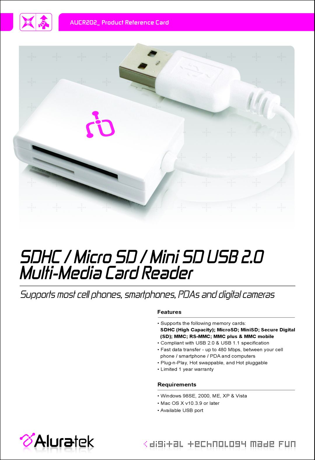 Aluratek warranty SDHC / Micro SD / Mini SD USB 2.0 Multi-Media Card Reader, Features, Requirements 