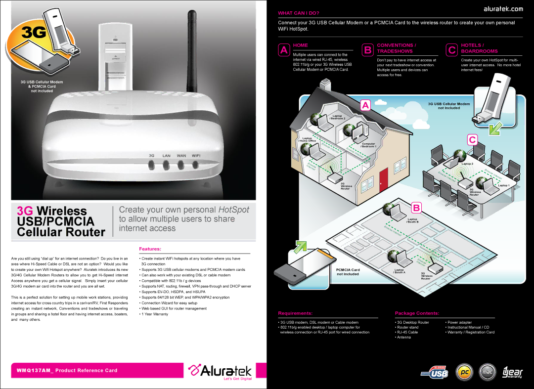 Aluratek WMQ137AM warranty 3G Wireless, Usb/Pcmcia, Cellular Router, Aluratek.com 