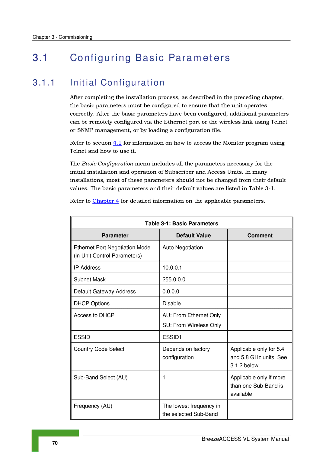 Alvarion SW VERSION 5.1 Configuring Basic Parameters, Initial Configuration, Basic Parameters Default Value Comment 