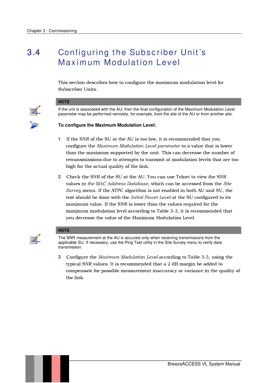 Alvarion SW VERSION 5.1 system manual Configuring the Subscriber Unit’s Maximum Modulation Level 