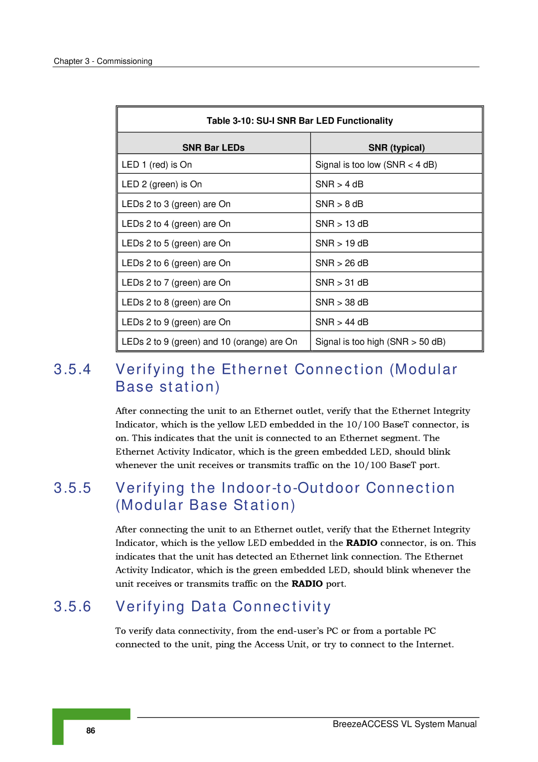 Alvarion SW VERSION 5.1 system manual Verifying the Ethernet Connection Modular Base station, Verifying Data Connectivity 