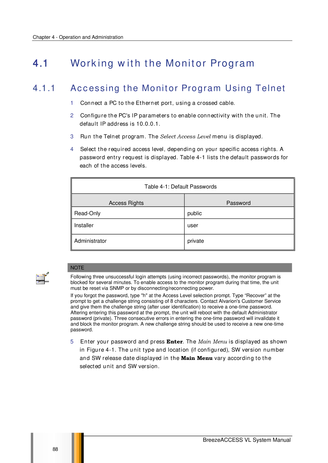 Alvarion SW VERSION 5.1 system manual Working with the Monitor Program, Accessing the Monitor Program Using Telnet 