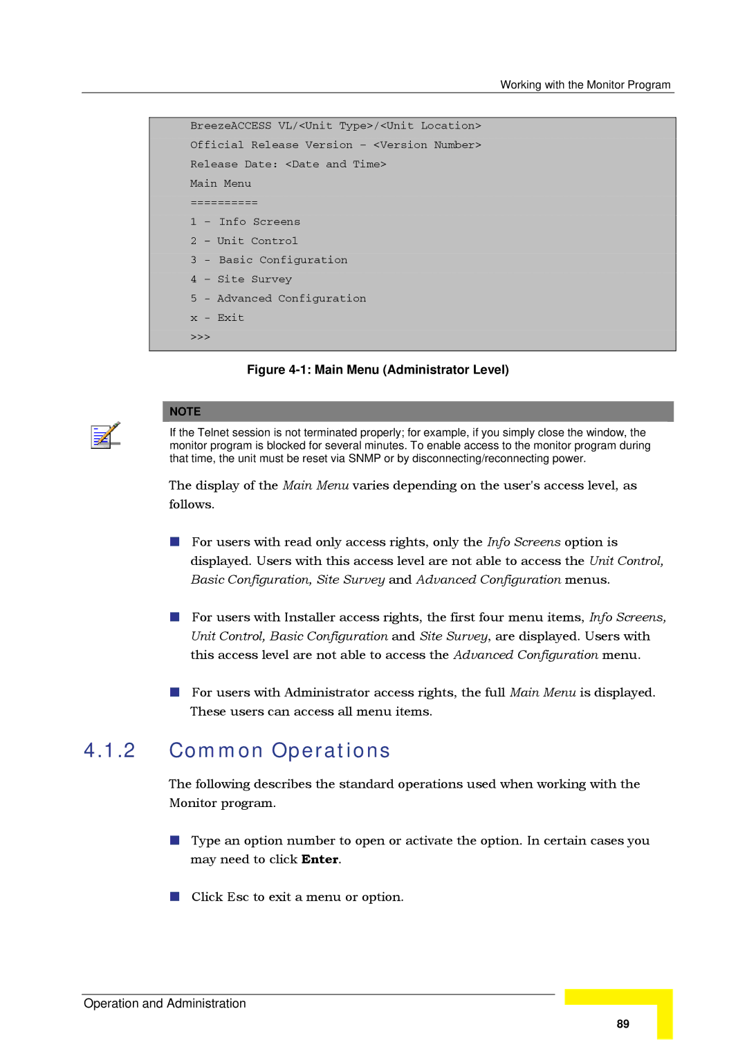 Alvarion SW VERSION 5.1 system manual Common Operations, Main Menu Administrator Level 