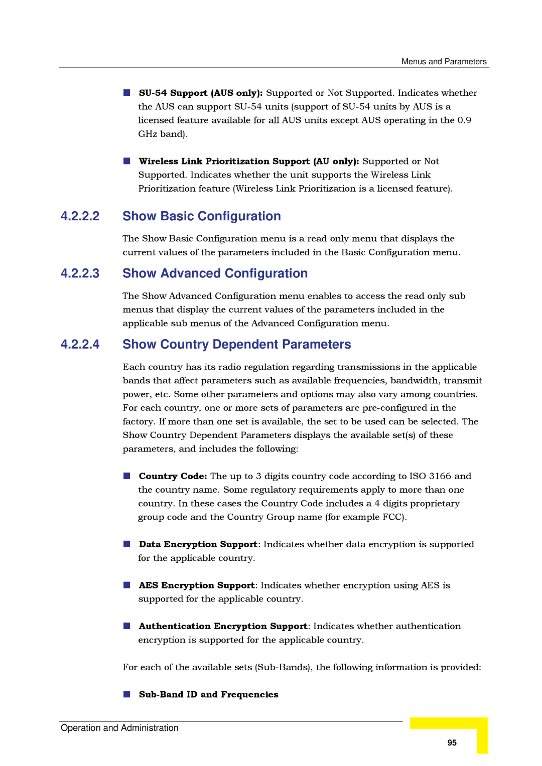 Alvarion SW VERSION 5.1 Show Basic Configuration, Show Advanced Configuration, Show Country Dependent Parameters 