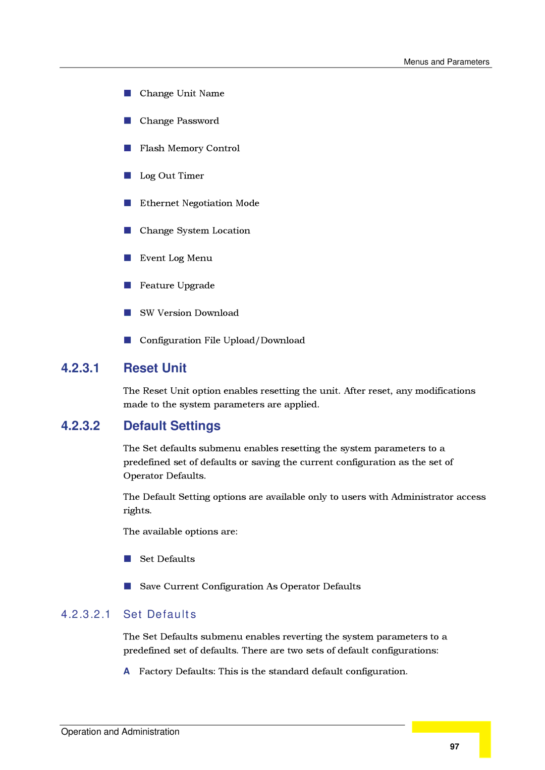 Alvarion SW VERSION 5.1 system manual Reset Unit, Default Settings, Set Defaults 