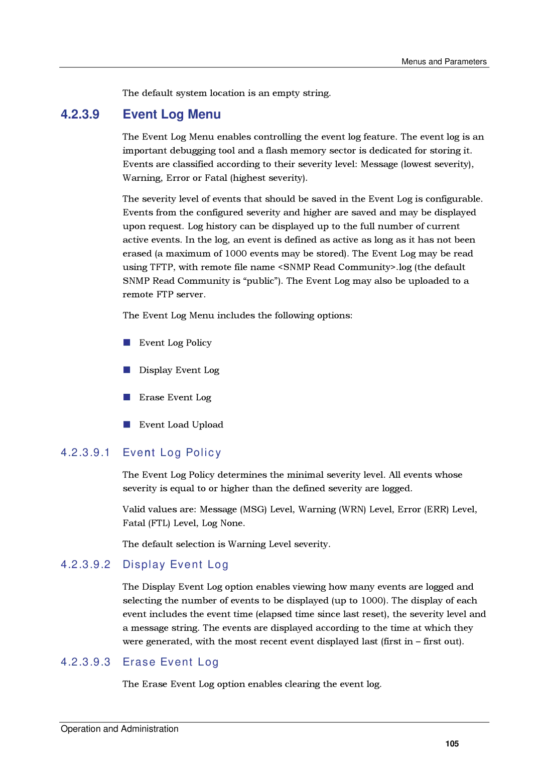 Alvarion SW VERSION 5.1 system manual Event Log Menu, Event Log Policy, Display Event Log, Erase Event Log 