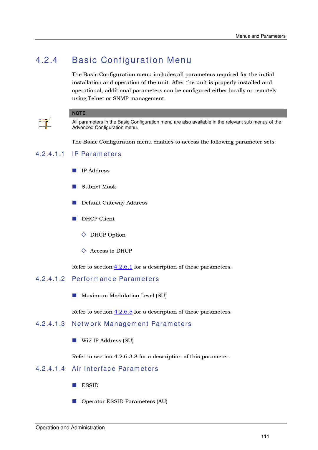 Alvarion SW VERSION 5.1 Basic Configuration Menu, IP Parameters, Performance Parameters, Network Management Parameters 