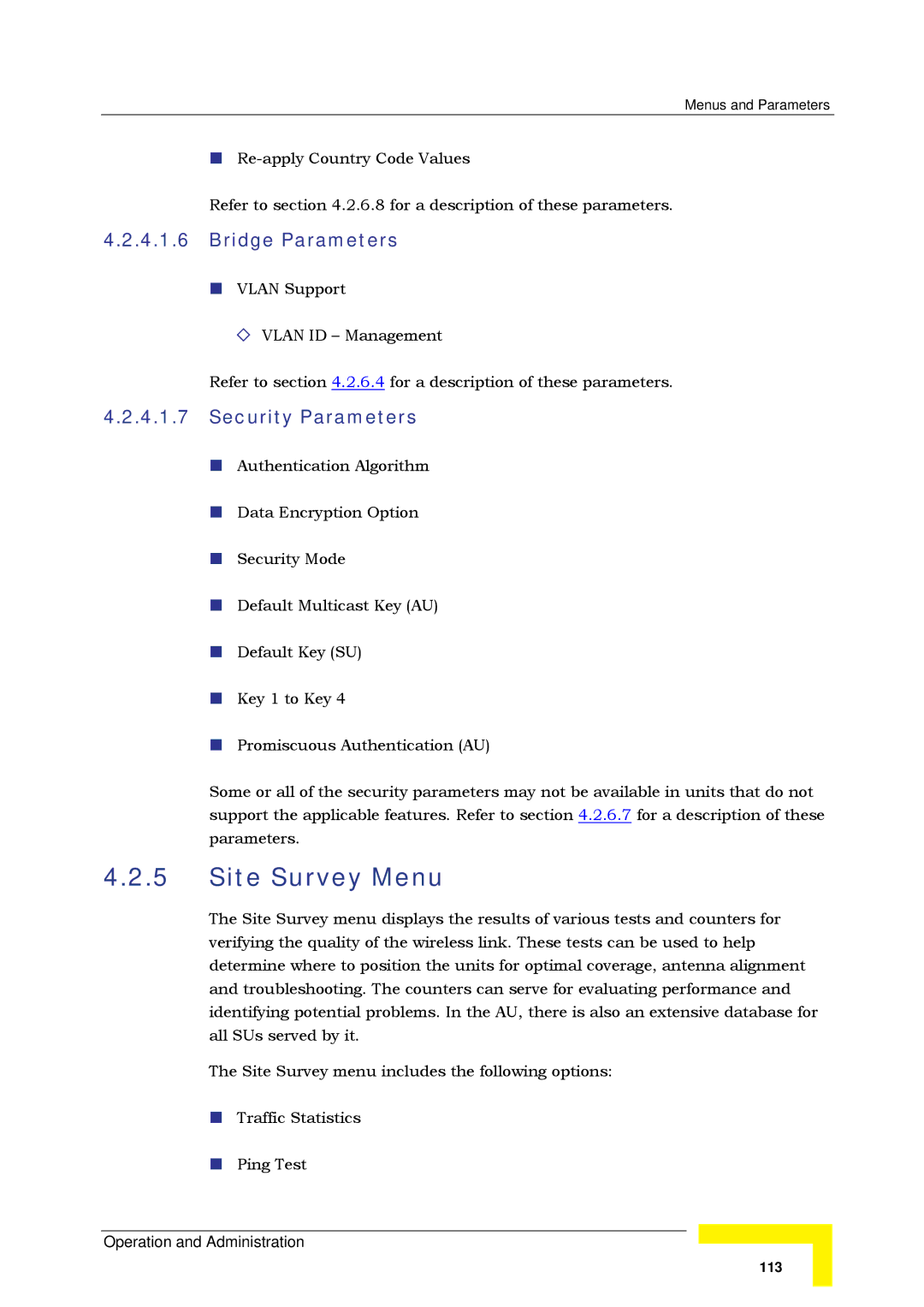 Alvarion SW VERSION 5.1 system manual Site Survey Menu, Bridge Parameters, Security Parameters 