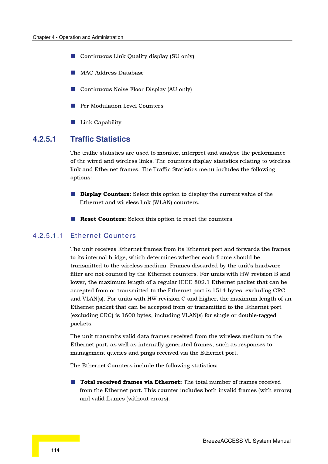 Alvarion SW VERSION 5.1 system manual Traffic Statistics, Ethernet Counters 