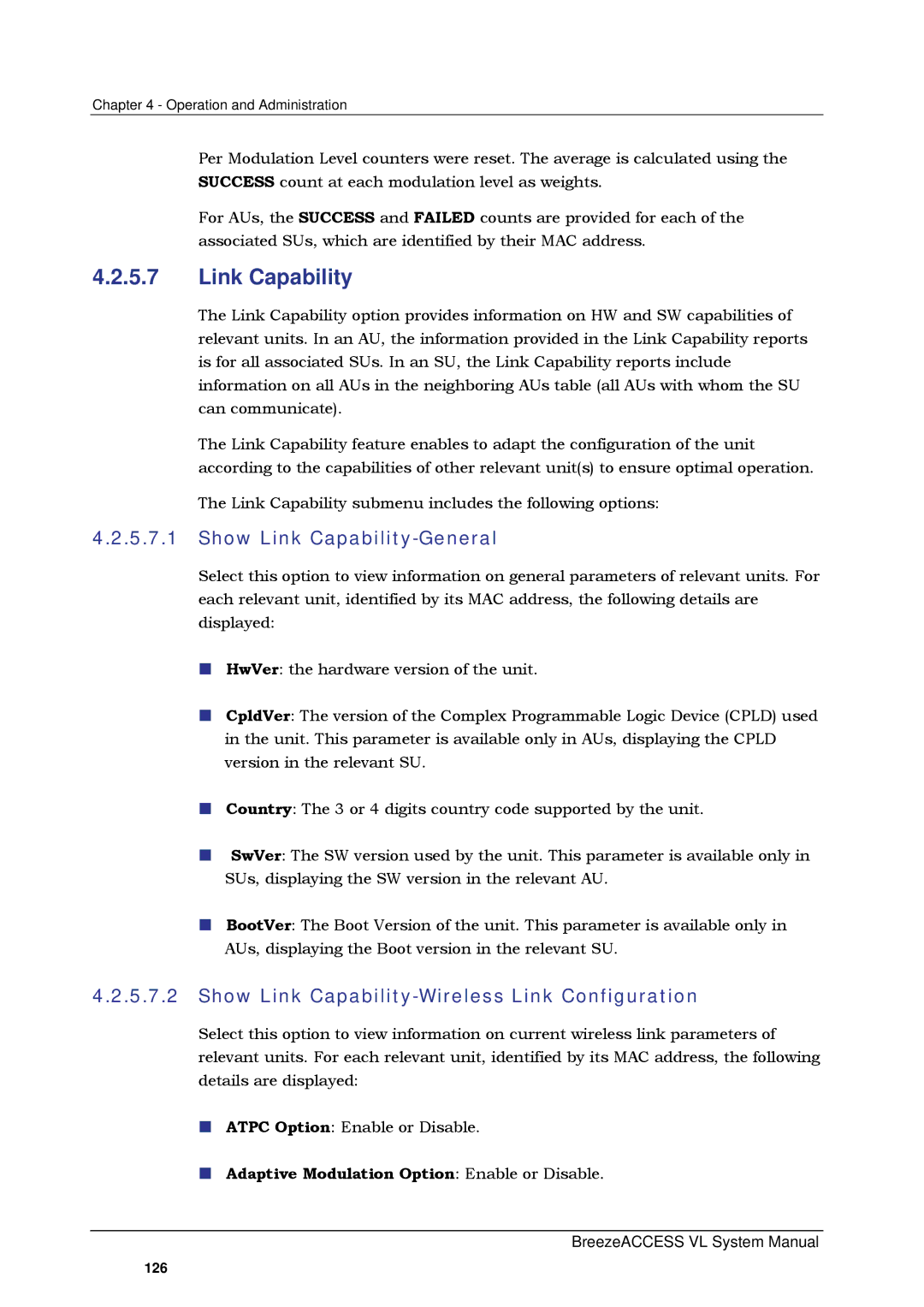 Alvarion SW VERSION 5.1 system manual Show Link Capability-General, Show Link Capability-Wireless Link Configuration 