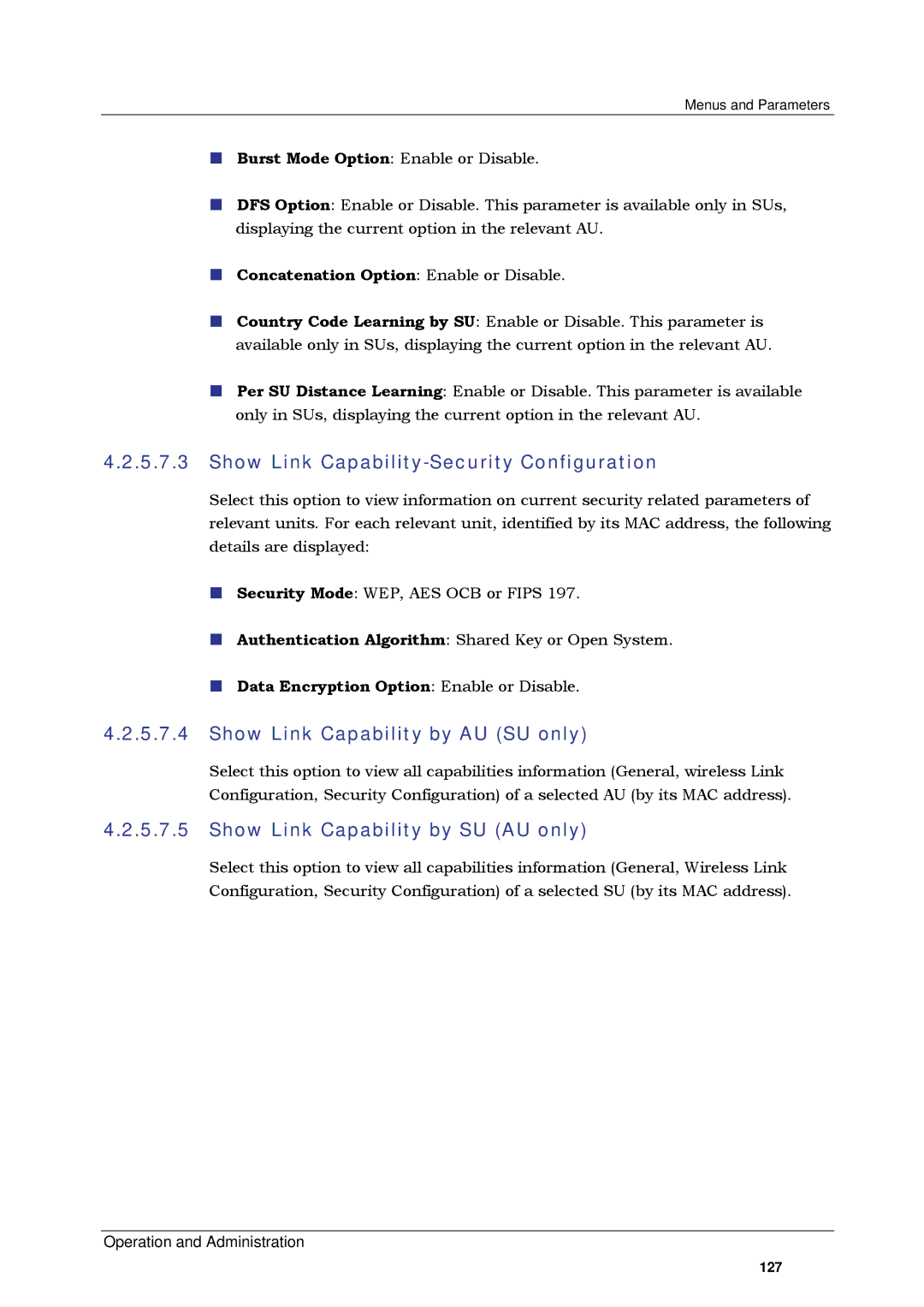 Alvarion SW VERSION 5.1 system manual Show Link Capability-Security Configuration, Show Link Capability by AU SU only 