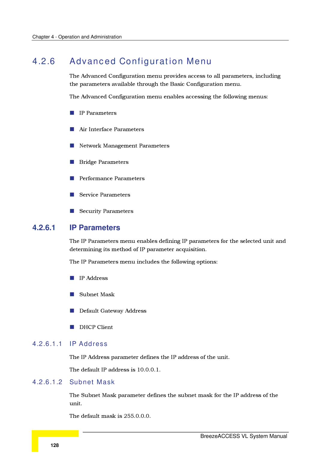 Alvarion SW VERSION 5.1 system manual Advanced Configuration Menu, IP Parameters, IP Address, Subnet Mask 