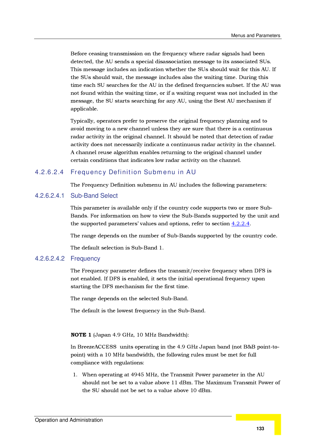 Alvarion SW VERSION 5.1 system manual Frequency Definition Submenu in AU, Sub-Band Select 