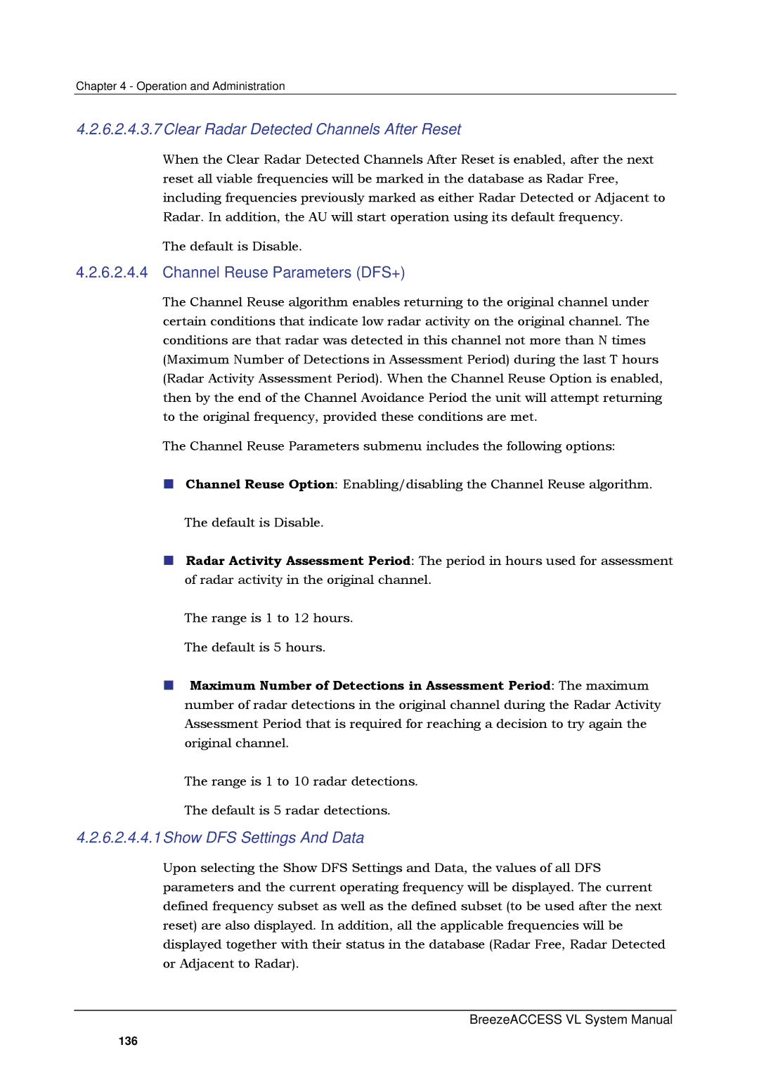 Alvarion SW VERSION 5.1 system manual 6.2.4.3.7Clear Radar Detected Channels After Reset, Channel Reuse Parameters DFS+ 