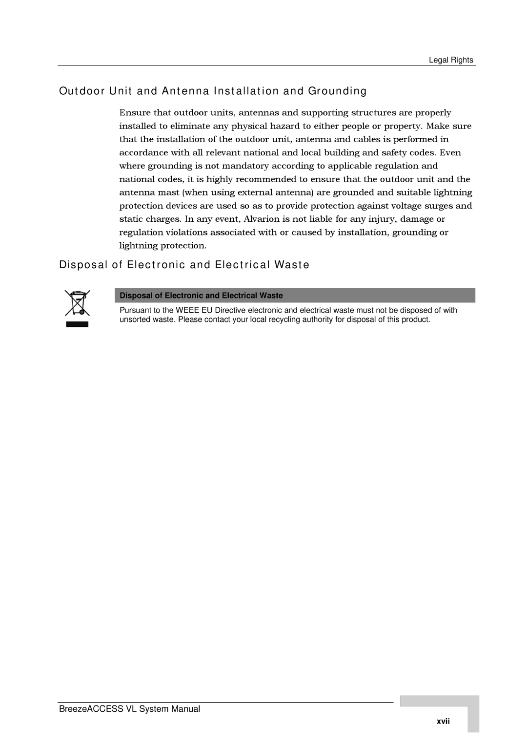 Alvarion SW VERSION 5.1 system manual Outdoor Unit and Antenna Installation and Grounding 