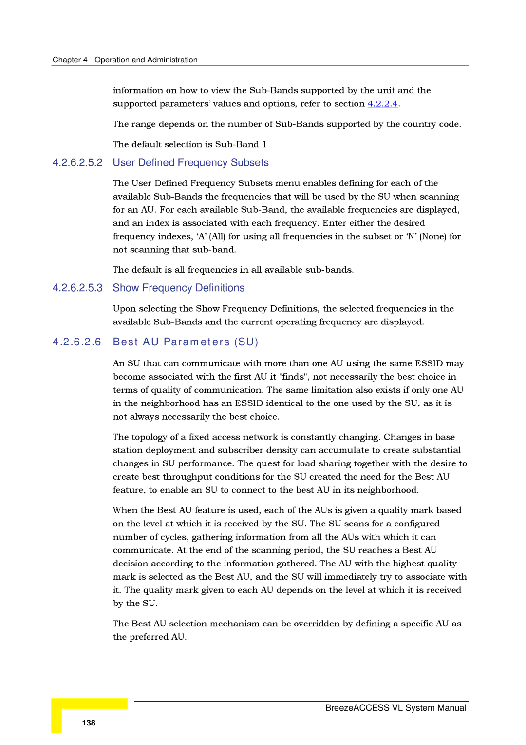 Alvarion SW VERSION 5.1 system manual User Defined Frequency Subsets, Best AU Parameters SU 