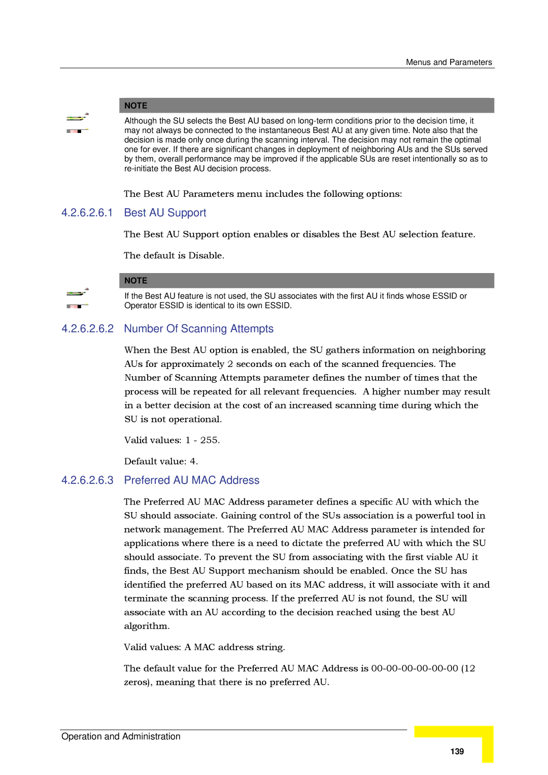 Alvarion SW VERSION 5.1 system manual Best AU Support, Number Of Scanning Attempts, Preferred AU MAC Address 