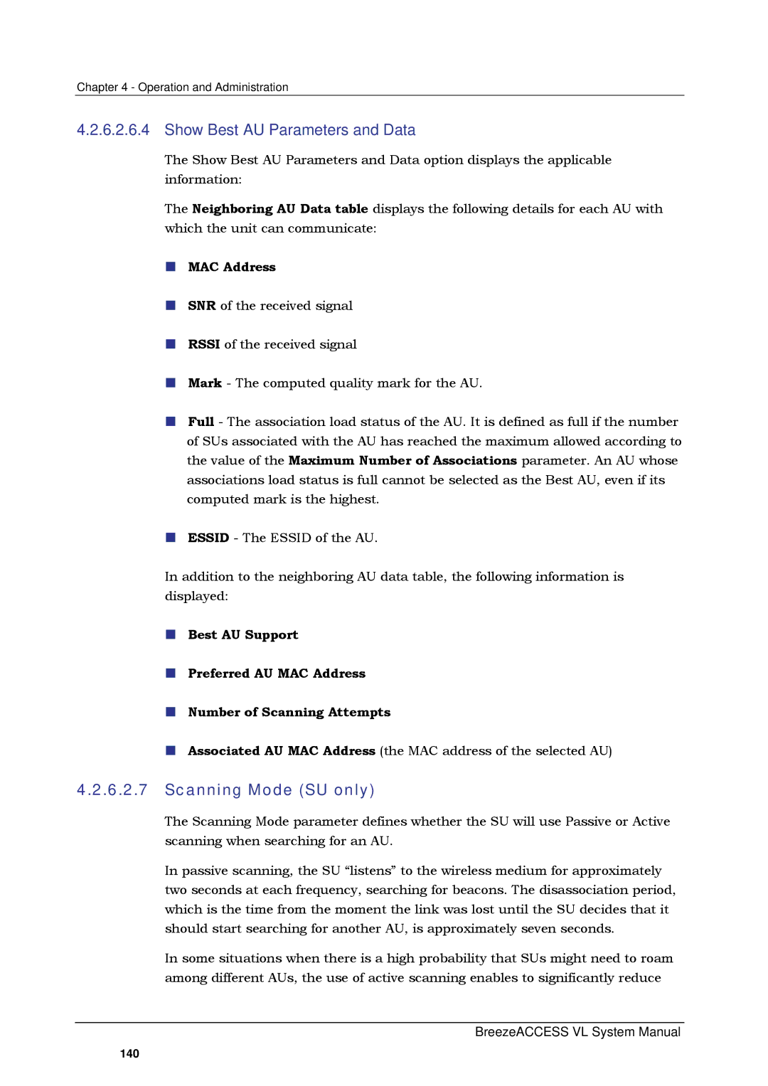 Alvarion SW VERSION 5.1 system manual Show Best AU Parameters and Data, Scanning Mode SU only 