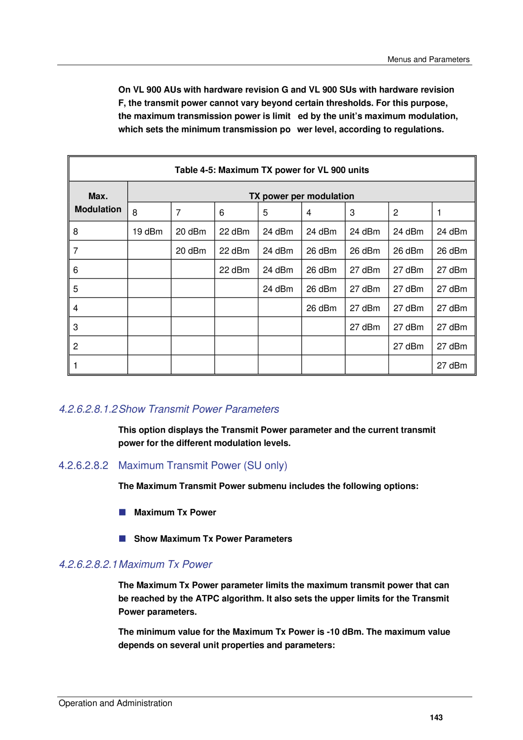 Alvarion SW VERSION 5.1 6.2.8.1.2Show Transmit Power Parameters, Maximum Transmit Power SU only, Maximum Tx Power 