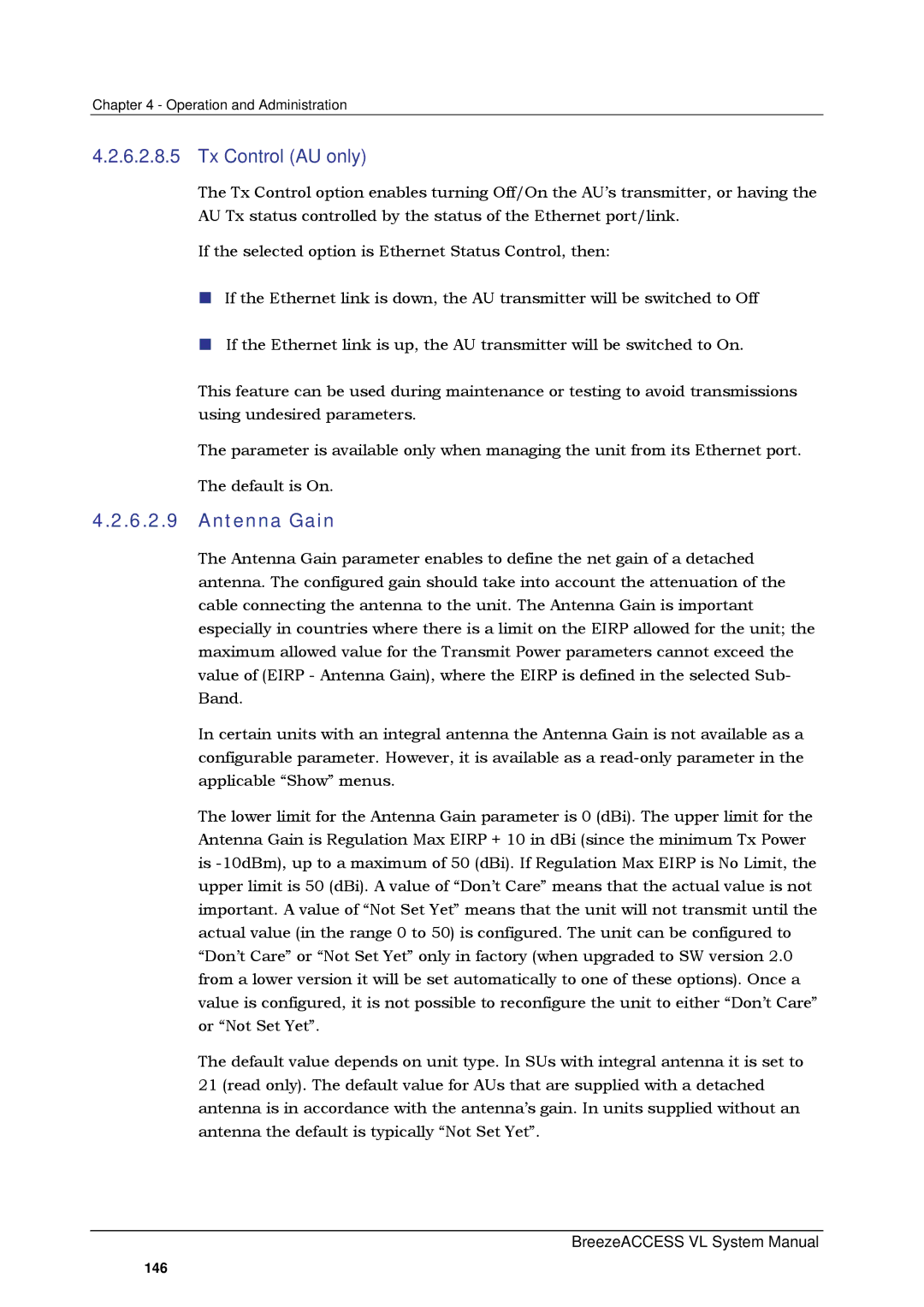 Alvarion SW VERSION 5.1 system manual Tx Control AU only, Antenna Gain 