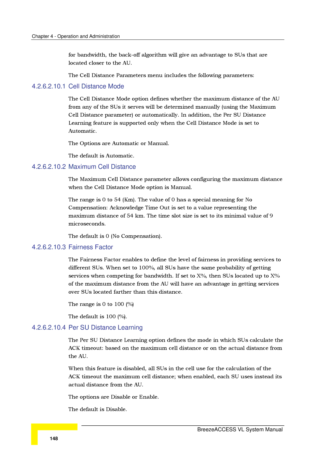 Alvarion SW VERSION 5.1 system manual Cell Distance Mode, Maximum Cell Distance, Fairness Factor, Per SU Distance Learning 