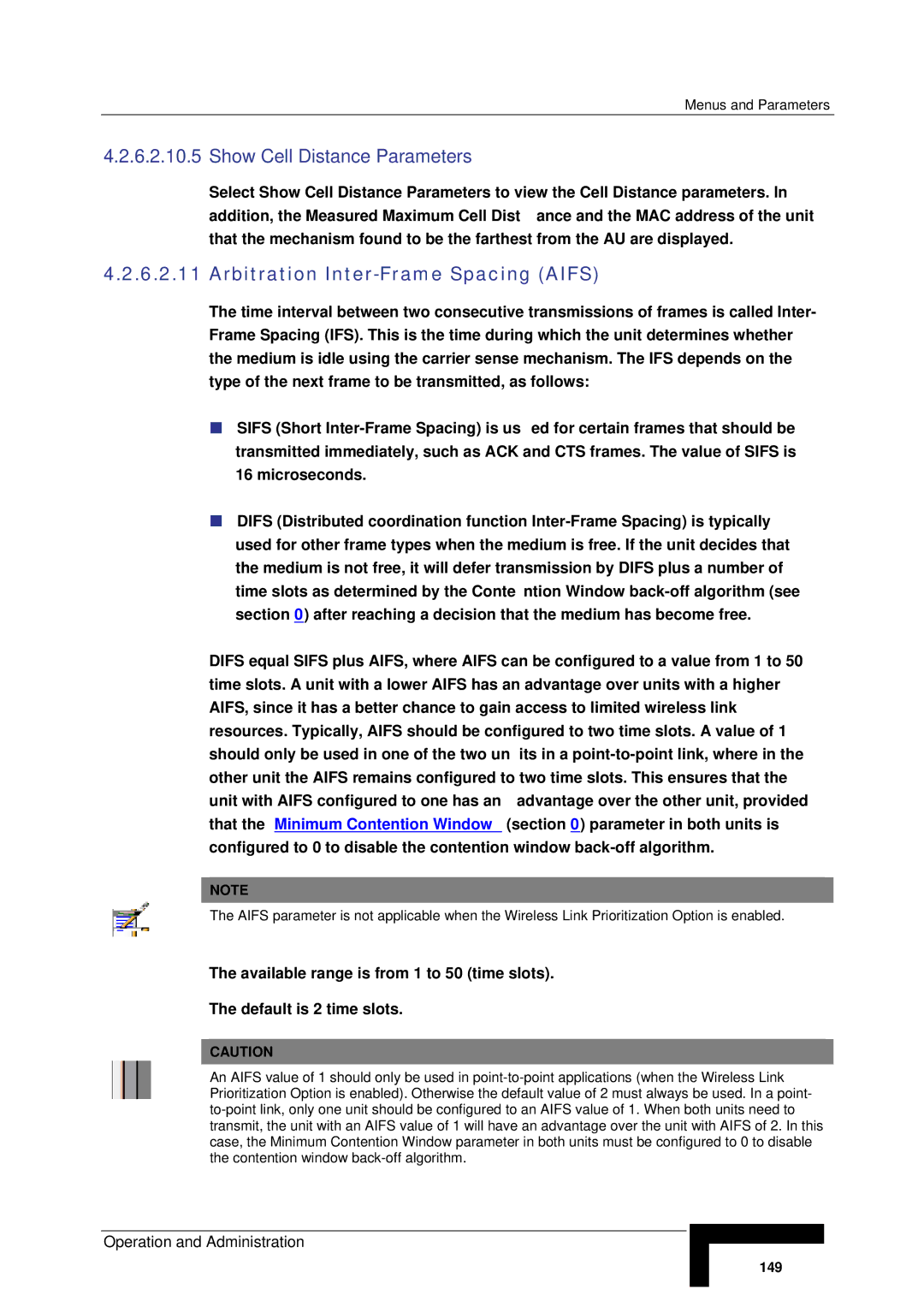 Alvarion SW VERSION 5.1 system manual Show Cell Distance Parameters, Arbitration Inter-Frame Spacing Aifs 