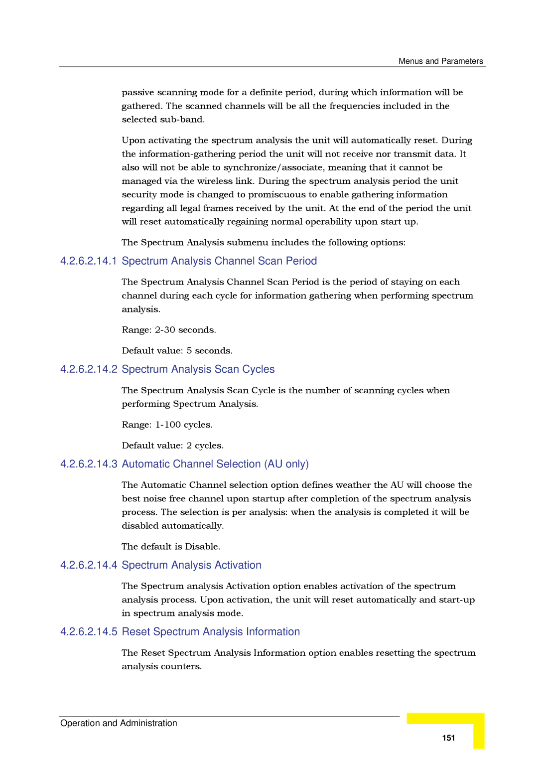 Alvarion SW VERSION 5.1 Spectrum Analysis Channel Scan Period, Spectrum Analysis Scan Cycles, Spectrum Analysis Activation 