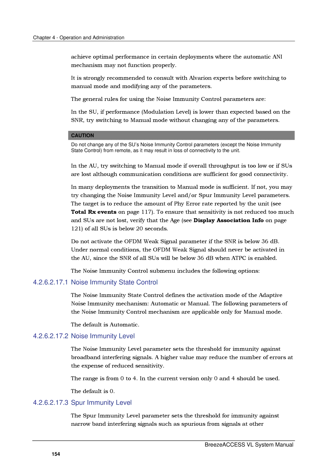 Alvarion SW VERSION 5.1 system manual Noise Immunity State Control, Noise Immunity Level, Spur Immunity Level 