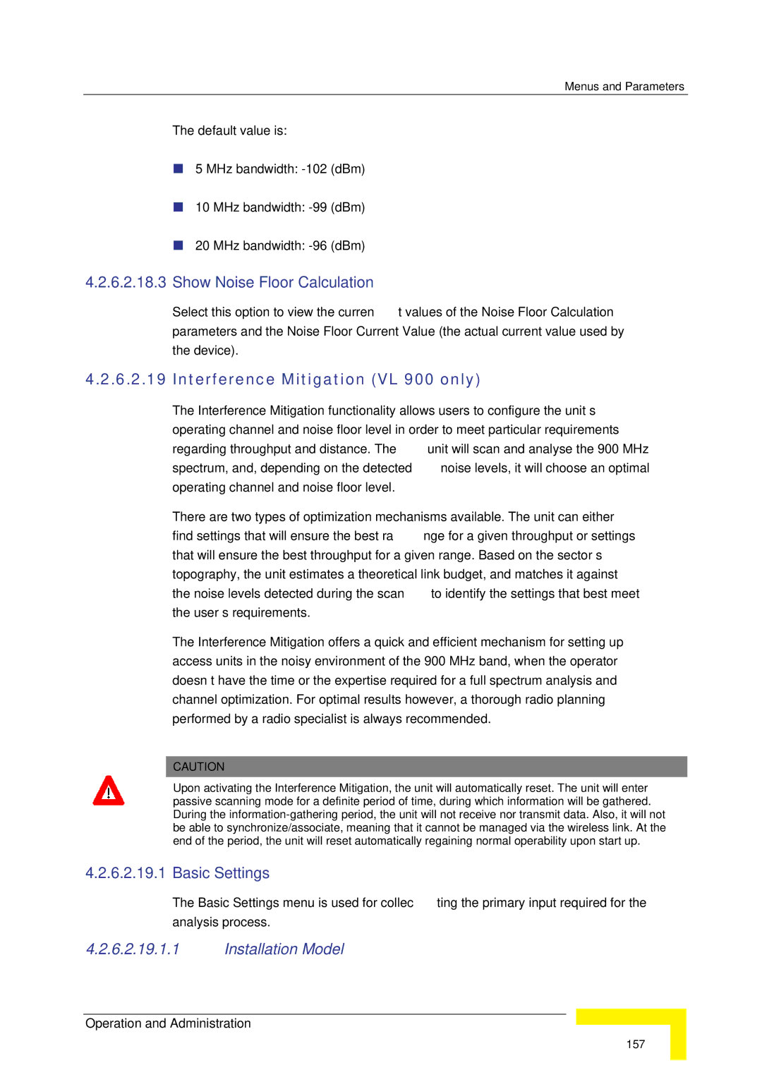 Alvarion SW VERSION 5.1 system manual Show Noise Floor Calculation, Interference Mitigation VL 900 only, Basic Settings 