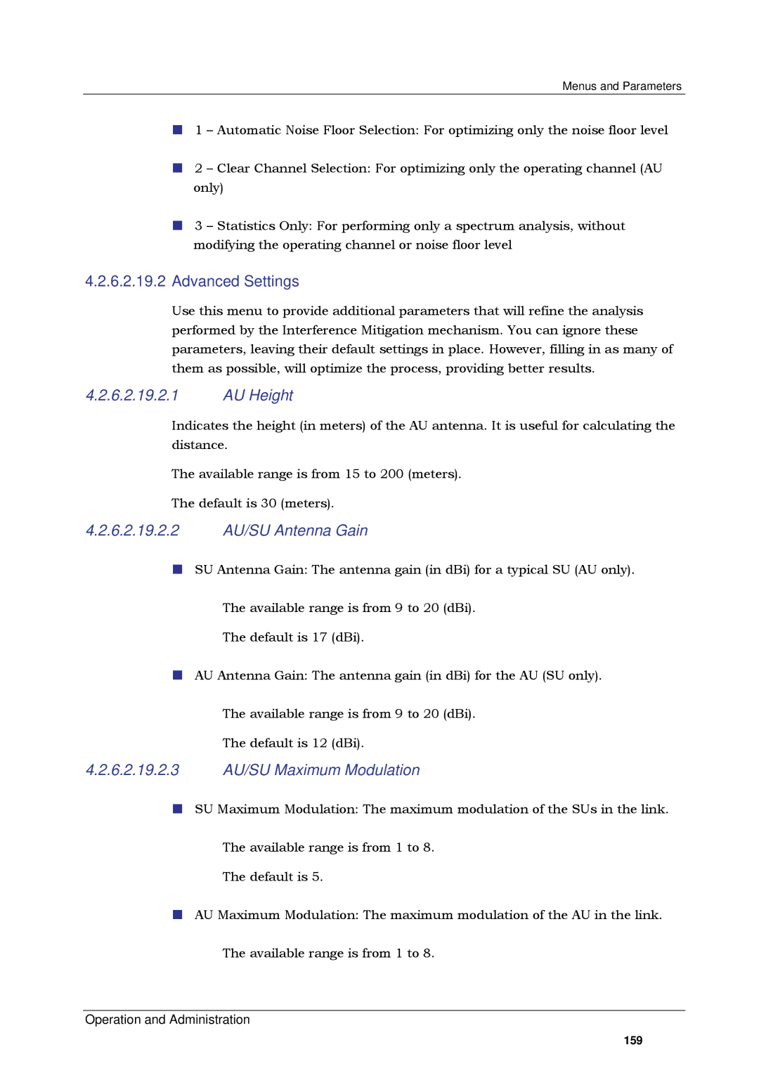 Alvarion SW VERSION 5.1 Advanced Settings, AU Height, 6.2.19.2.2 AU/SU Antenna Gain, 6.2.19.2.3 AU/SU Maximum Modulation 