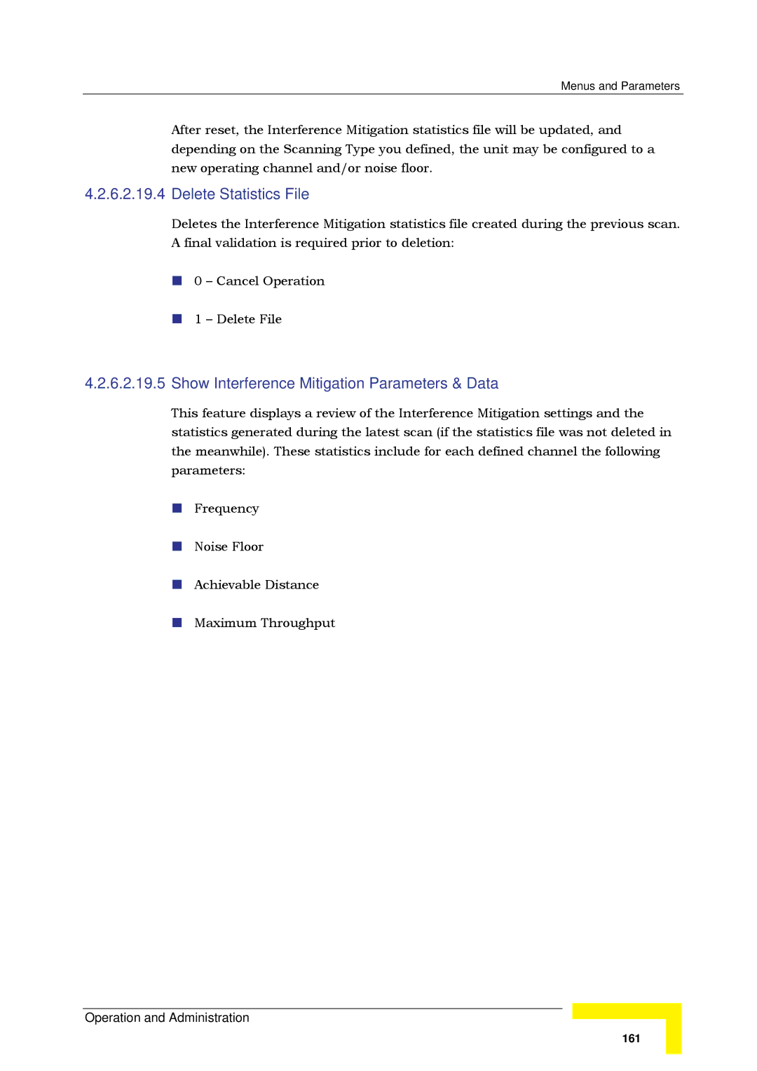 Alvarion SW VERSION 5.1 system manual Delete Statistics File, Show Interference Mitigation Parameters & Data 