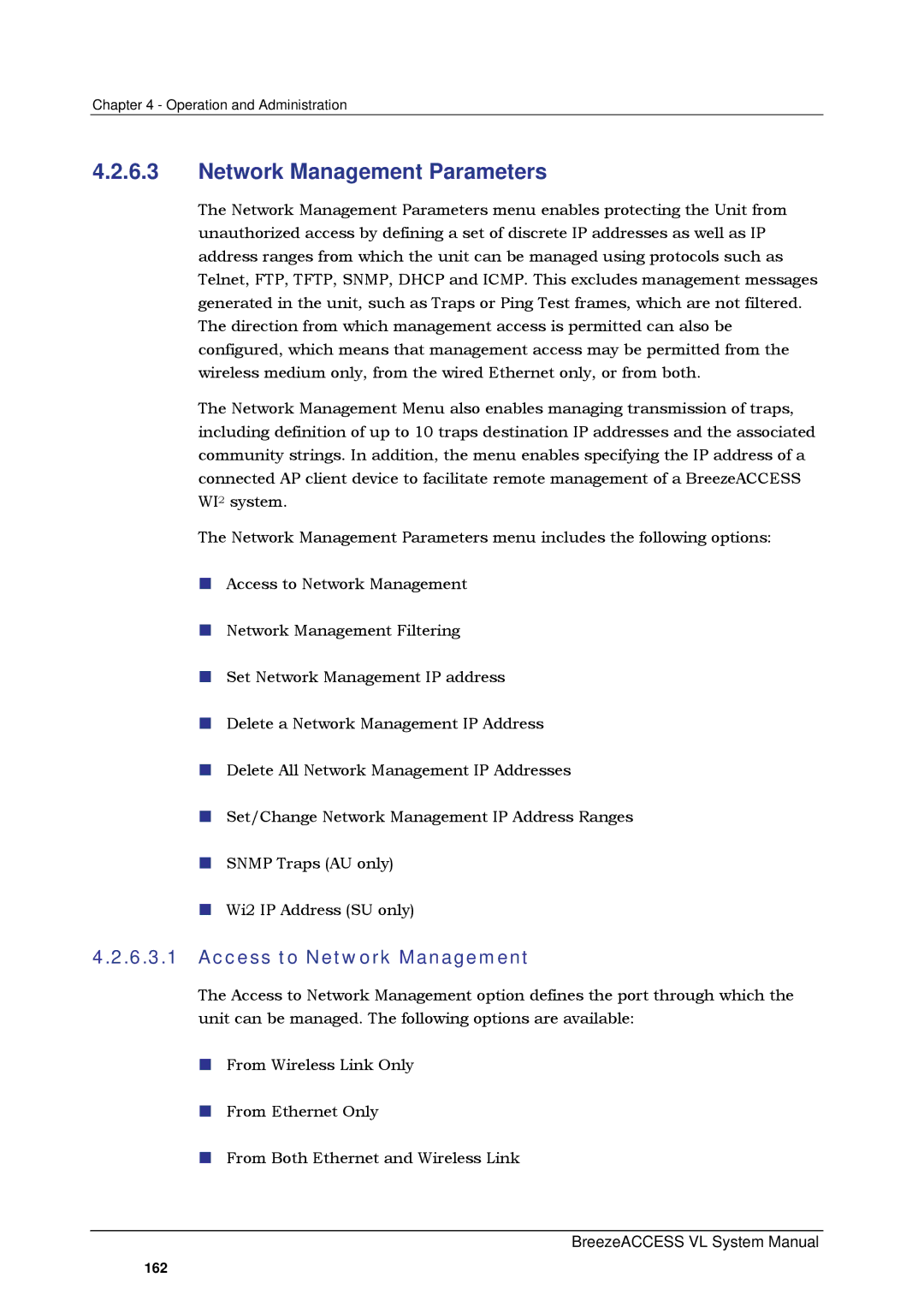 Alvarion SW VERSION 5.1 system manual Network Management Parameters, Access to Network Management 