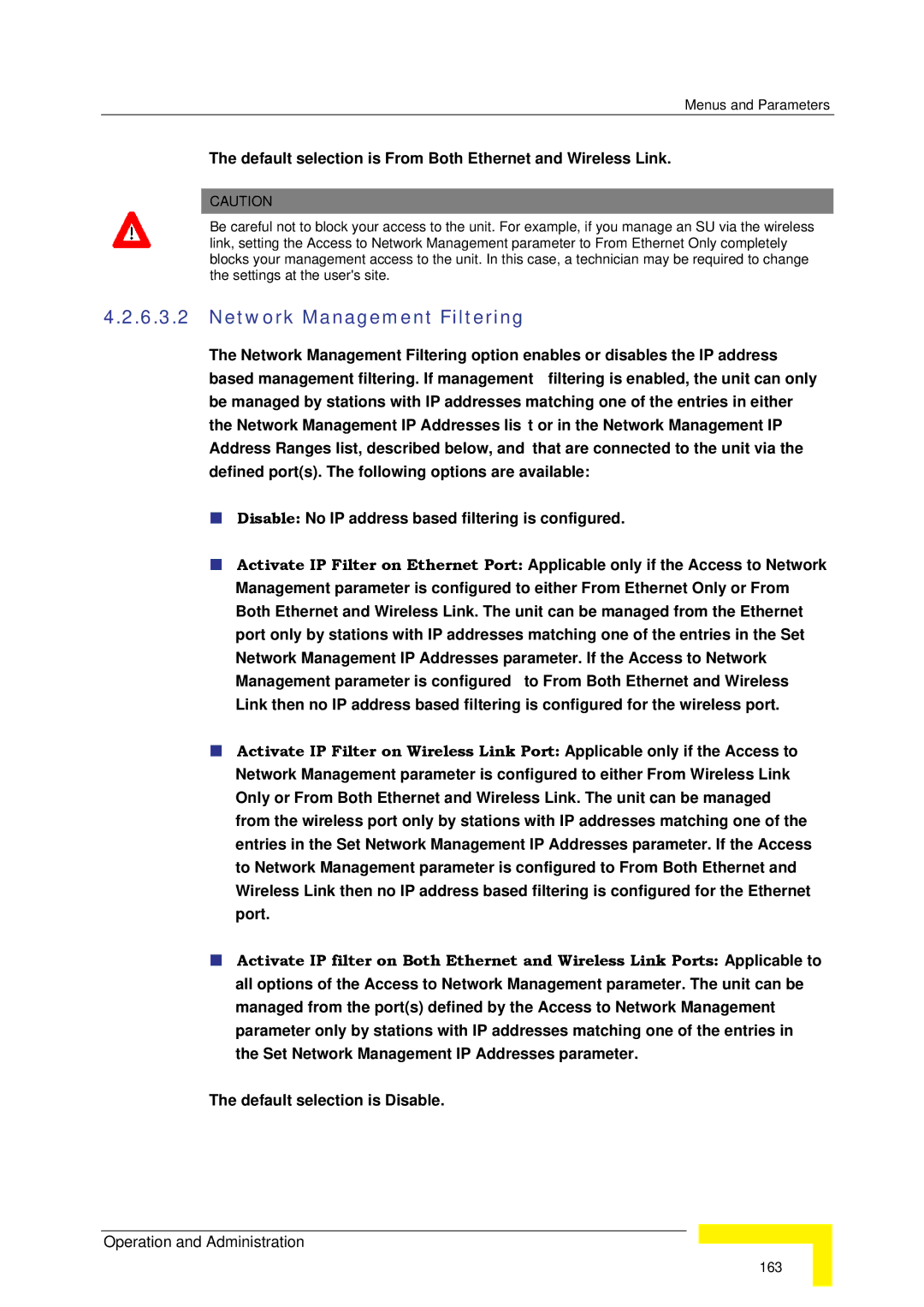 Alvarion SW VERSION 5.1 Network Management Filtering, Default selection is From Both Ethernet and Wireless Link 