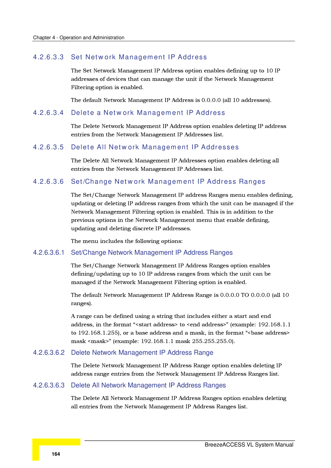 Alvarion SW VERSION 5.1 system manual Set Network Management IP Address, Delete a Network Management IP Address 