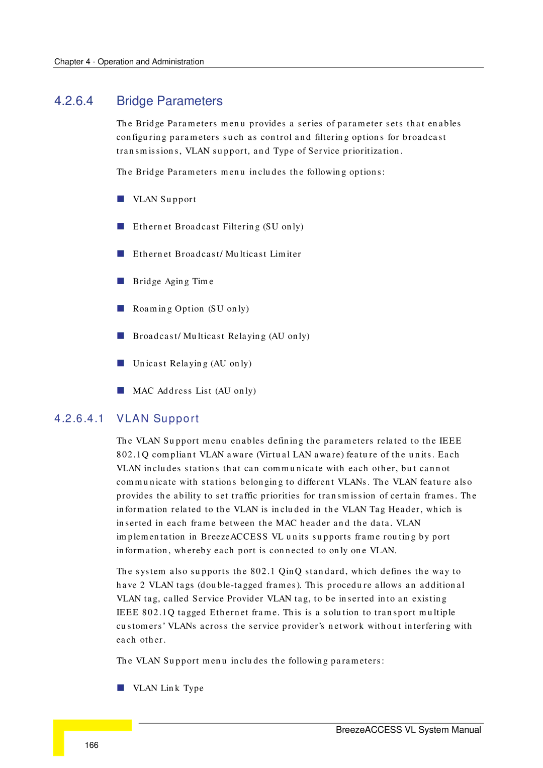 Alvarion SW VERSION 5.1 system manual Bridge Parameters, Vlan Support 