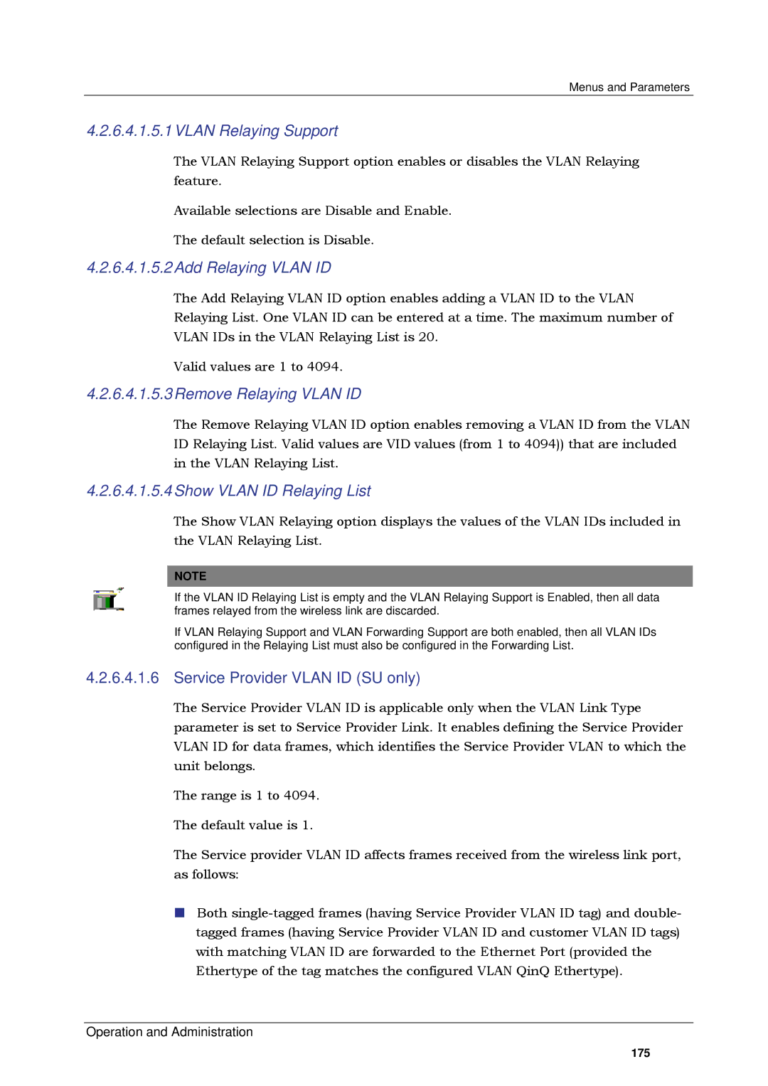 Alvarion SW VERSION 5.1 6.4.1.5.1VLAN Relaying Support, 6.4.1.5.2Add Relaying Vlan ID, 6.4.1.5.3Remove Relaying Vlan ID 