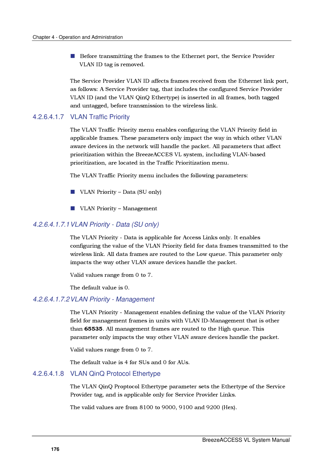 Alvarion SW VERSION 5.1 system manual Vlan Traffic Priority, Vlan Priority Data SU only, 6.4.1.7.2VLAN Priority Management 