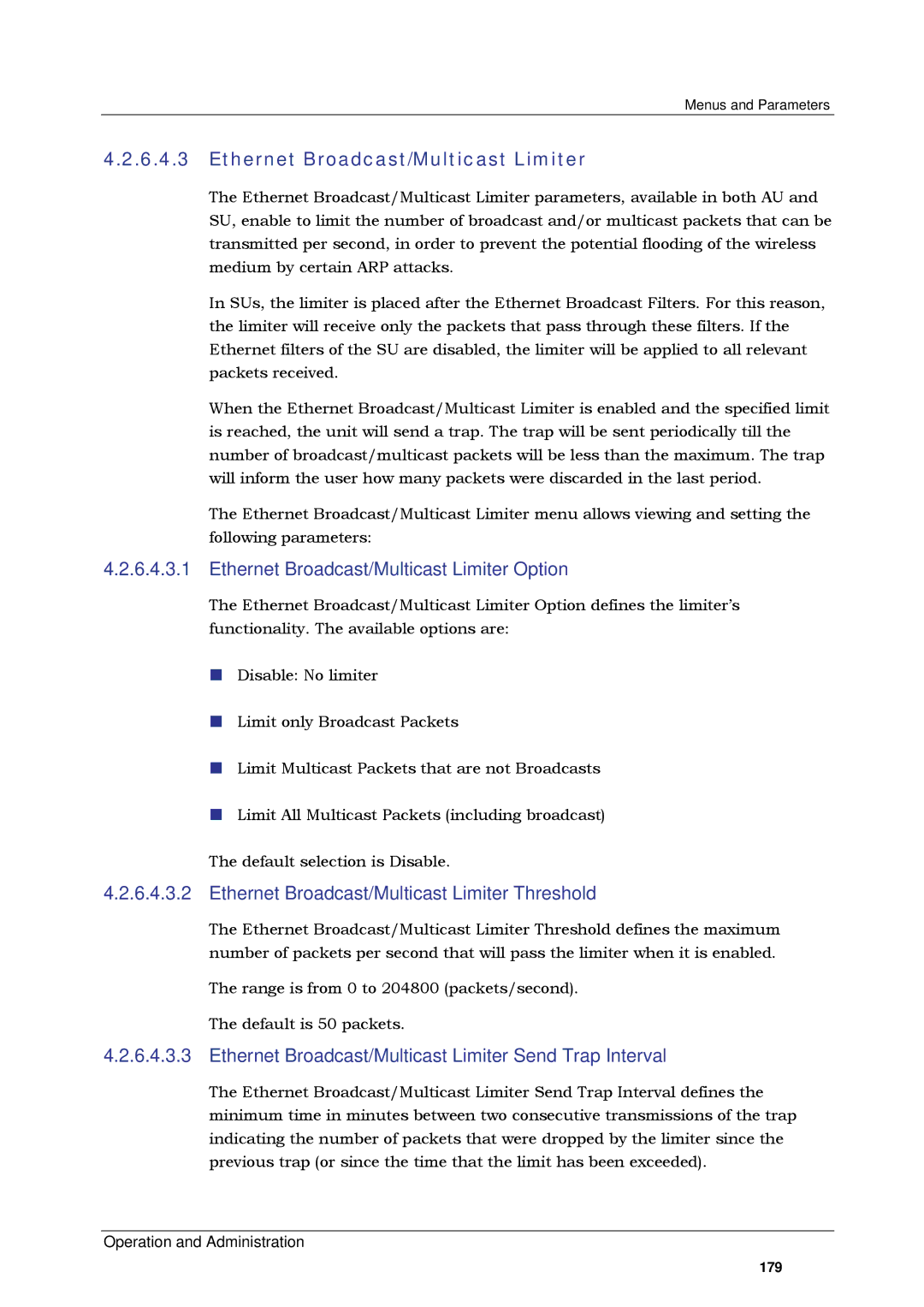 Alvarion SW VERSION 5.1 Ethernet Broadcast/Multicast Limiter Option, Ethernet Broadcast/Multicast Limiter Threshold 