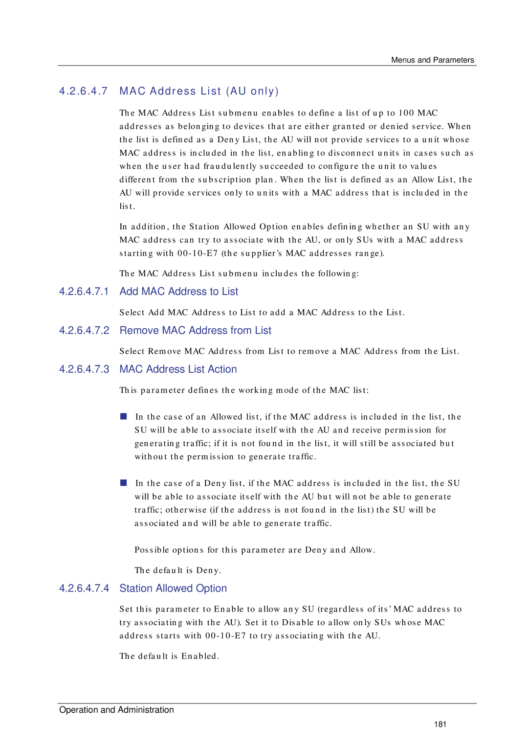 Alvarion SW VERSION 5.1 system manual MAC Address List AU only, Add MAC Address to List, Remove MAC Address from List 