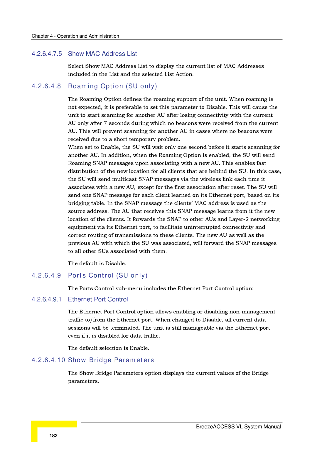 Alvarion SW VERSION 5.1 Show MAC Address List, Roaming Option SU only, Ports Control SU only, Ethernet Port Control 